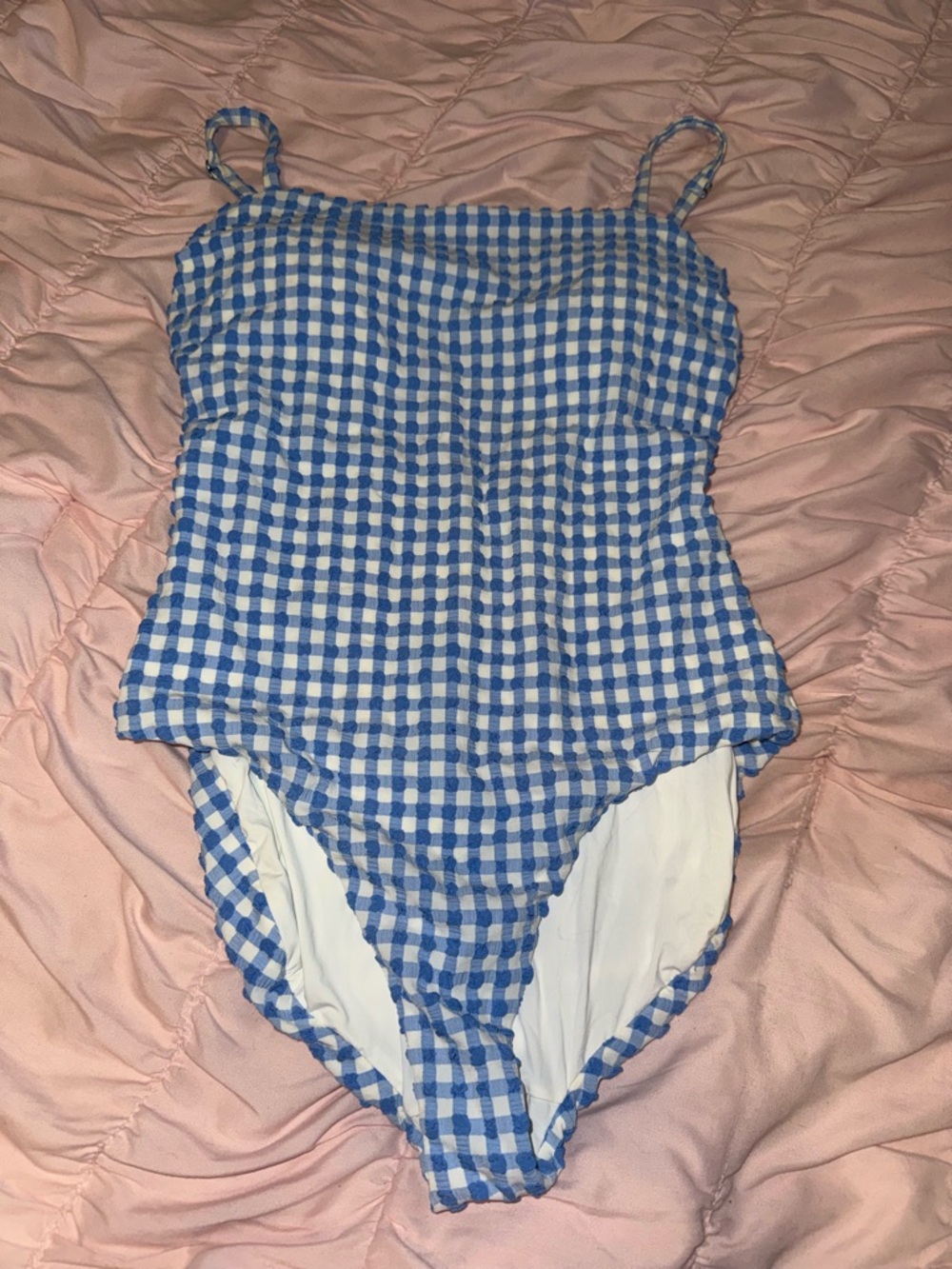 Blue & white gingham one piece swimsuit red carier size medium :3
